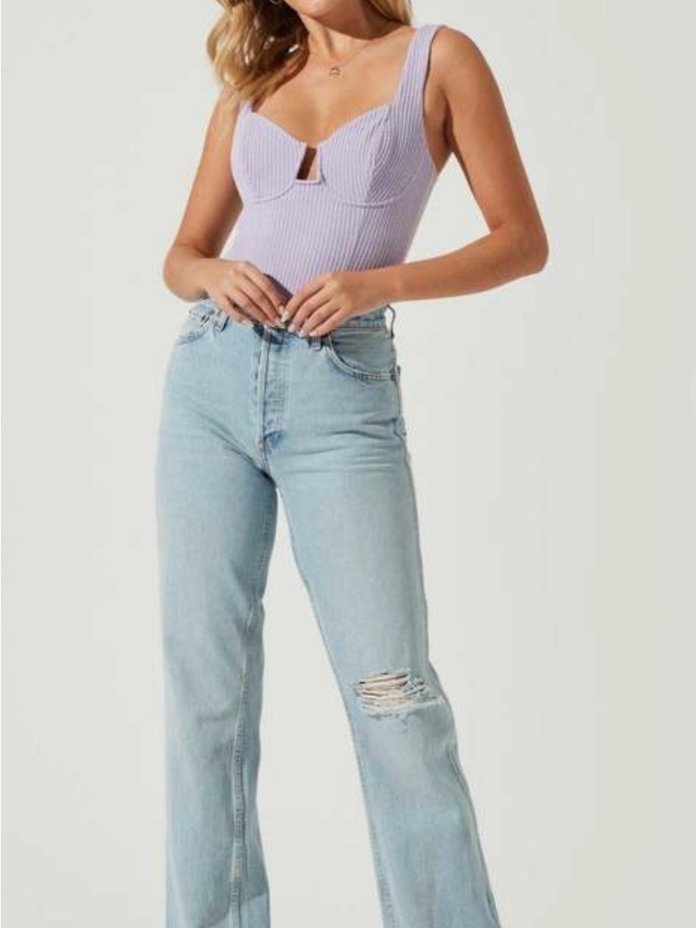 Astr Lilac Ribbed One-Piece Bodysuit